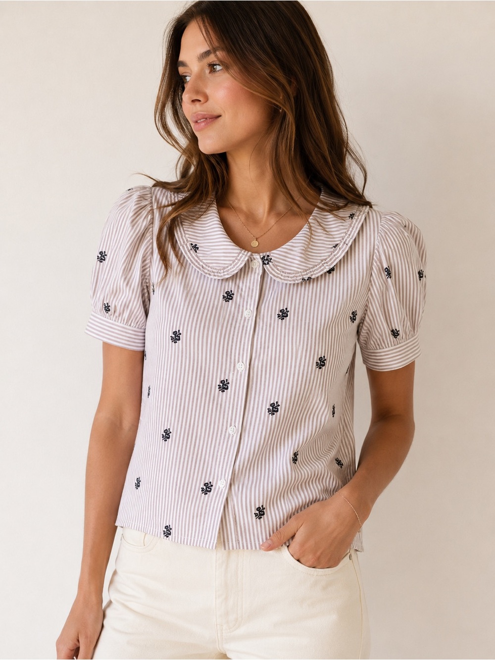 Lands’ End 100% Cotton Embroidered Peter Pan Collar Button-Up Blouse | Size S